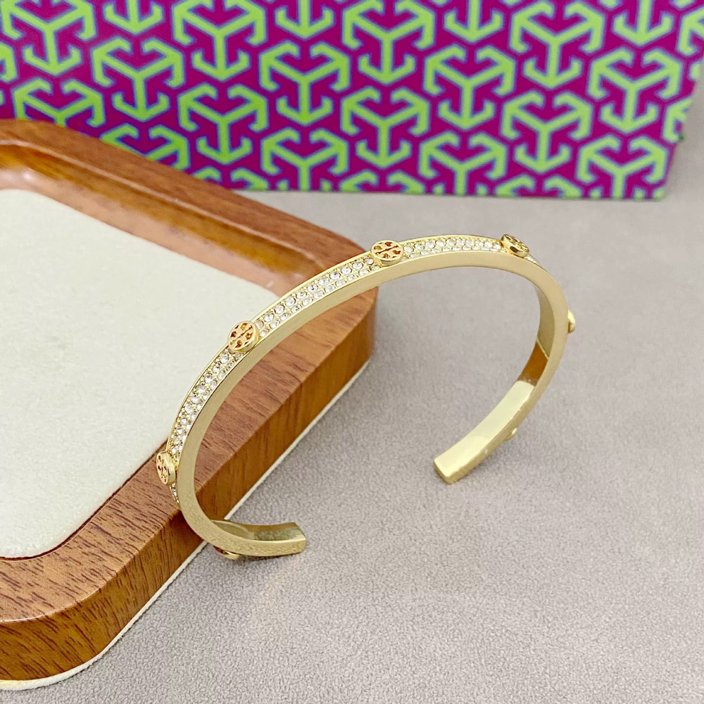 Tory Burch Gold Plated Copper Open Bangle Full Diamond Double Row